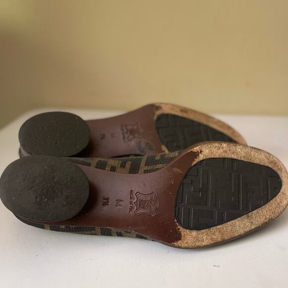 Fendi Brown FF Canvas Leather Slip On Block Heel Shoes Size 7.5 - Picture 6 of 6